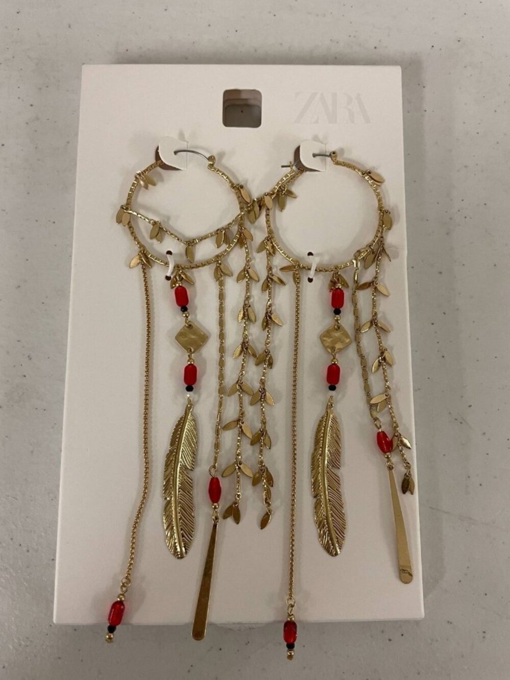 Zara Dream Catcher Hoop Dangle Earrings Red Beads And Feather Charms New
